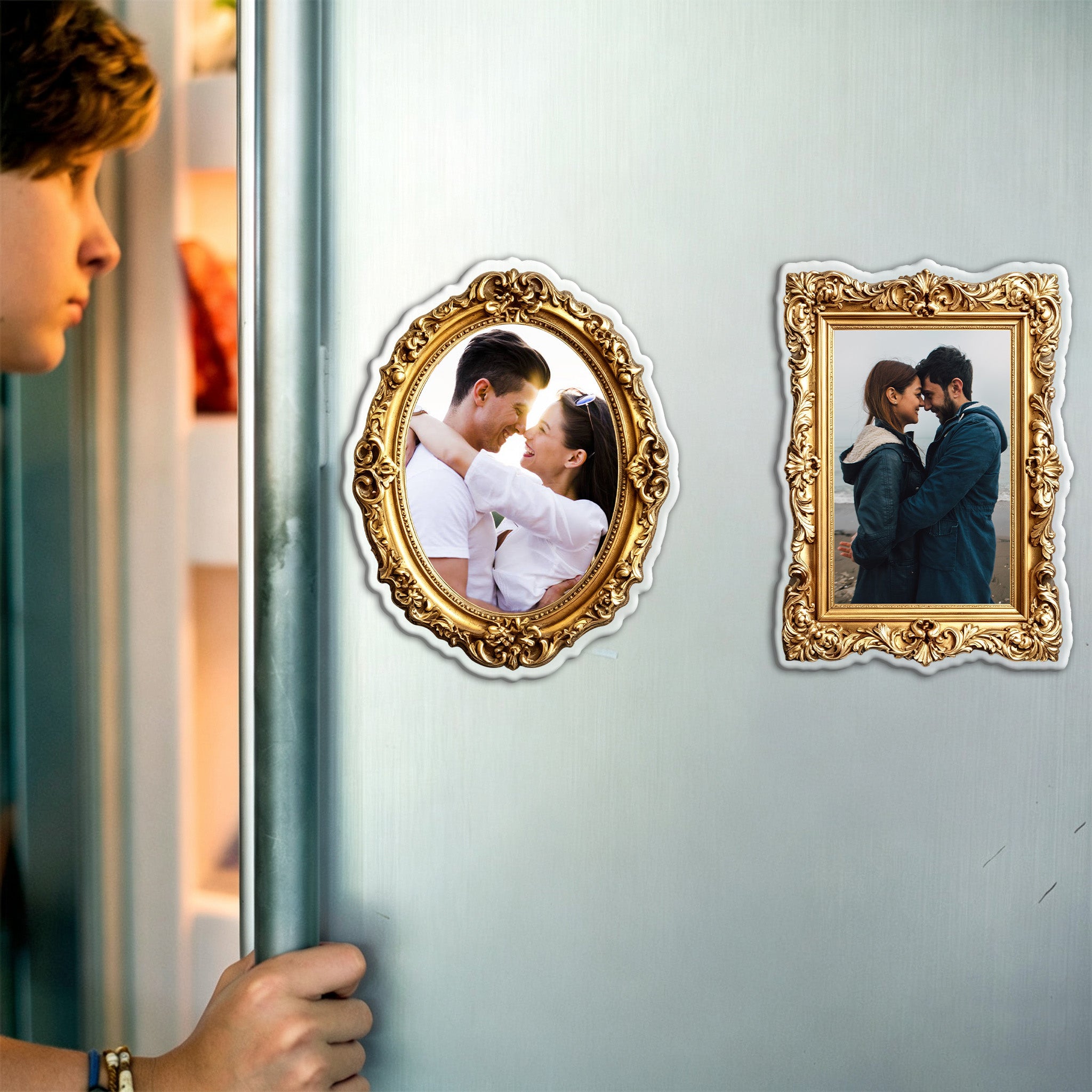 Personalized Couple Photo Fridge Magnet - Custom Vintage Gold Frame, Romantic Portrait Magnet, Anniversary Kitchen Decor