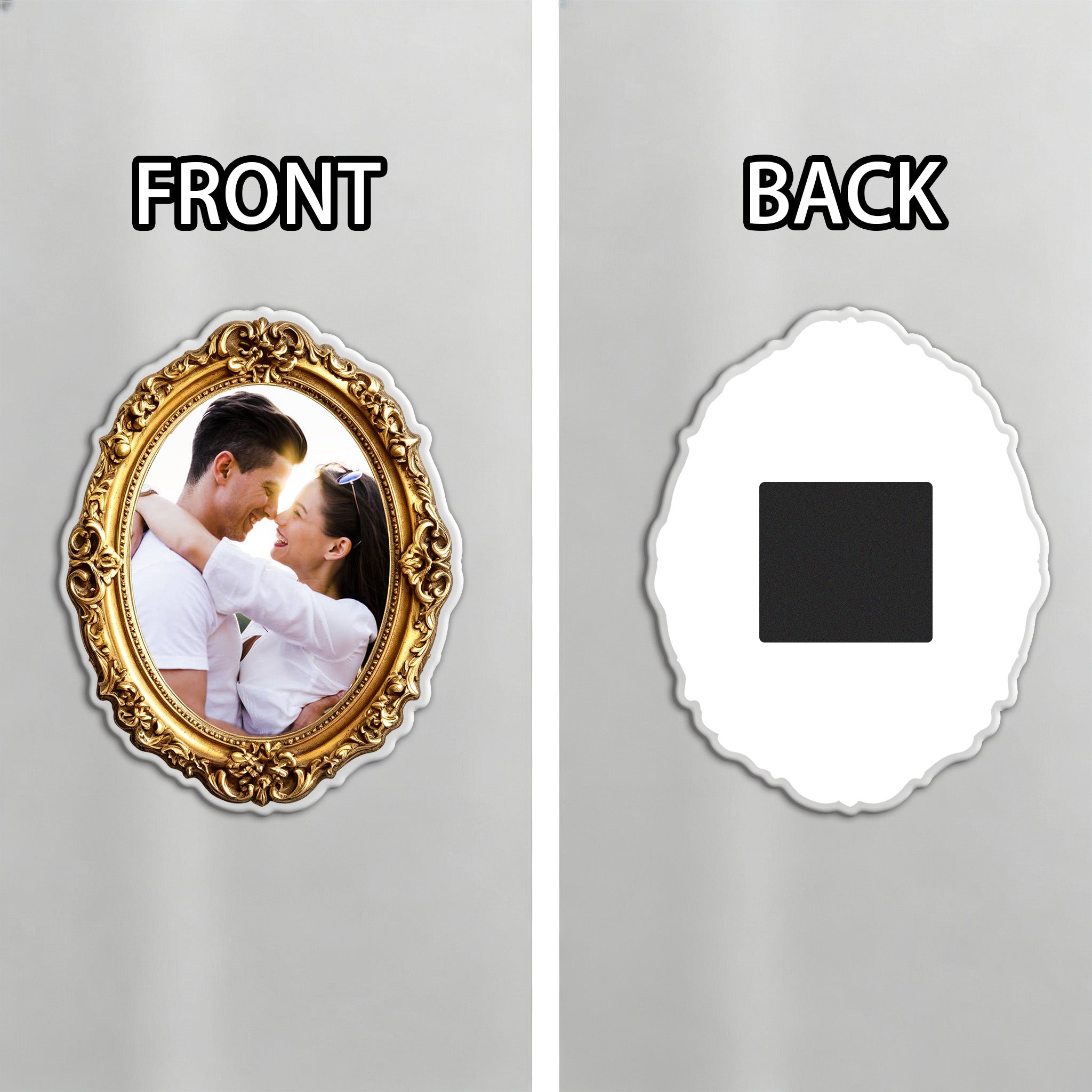 Personalized Couple Photo Fridge Magnet - Custom Vintage Gold Frame, Romantic Portrait Magnet, Anniversary Kitchen Decor