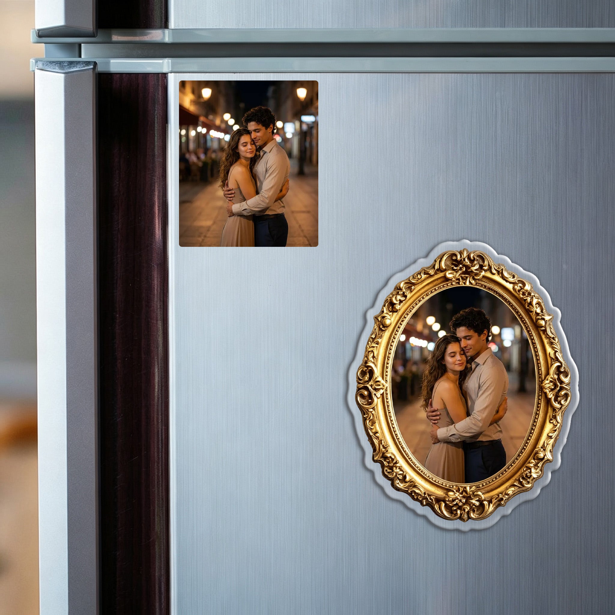 Personalized Couple Photo Fridge Magnet - Custom Vintage Gold Frame, Romantic Portrait Magnet, Anniversary Kitchen Decor