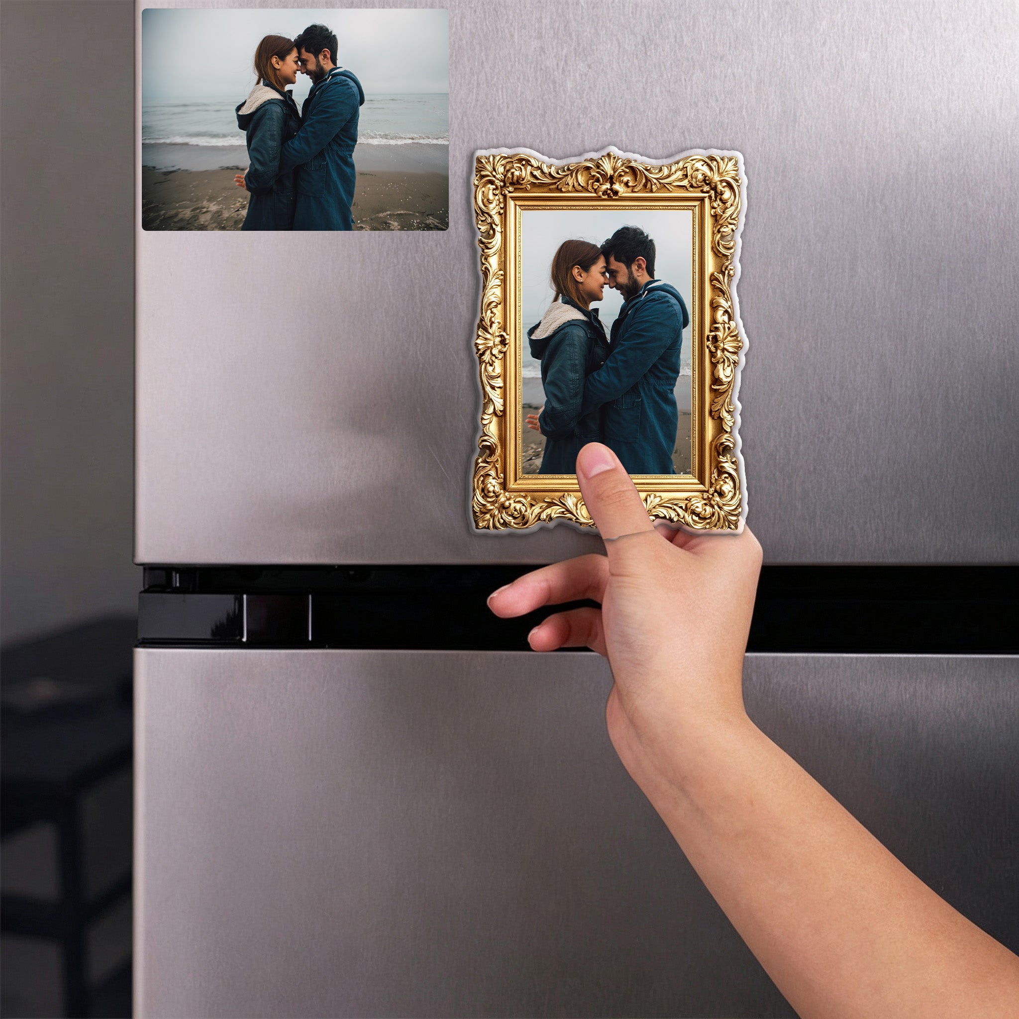 Personalized Couple Photo Fridge Magnet - Custom Vintage Gold Frame, Romantic Portrait Magnet, Anniversary Kitchen Decor