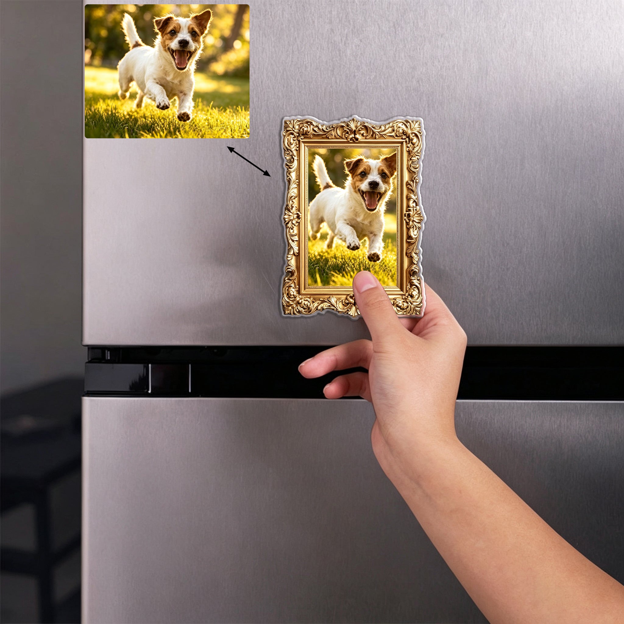 Personalized Pet Photo Fridge Magnet - Custom Vintage Gold Frame, Dog Portrait Magnet, Pet Memorial Kitchen Decor