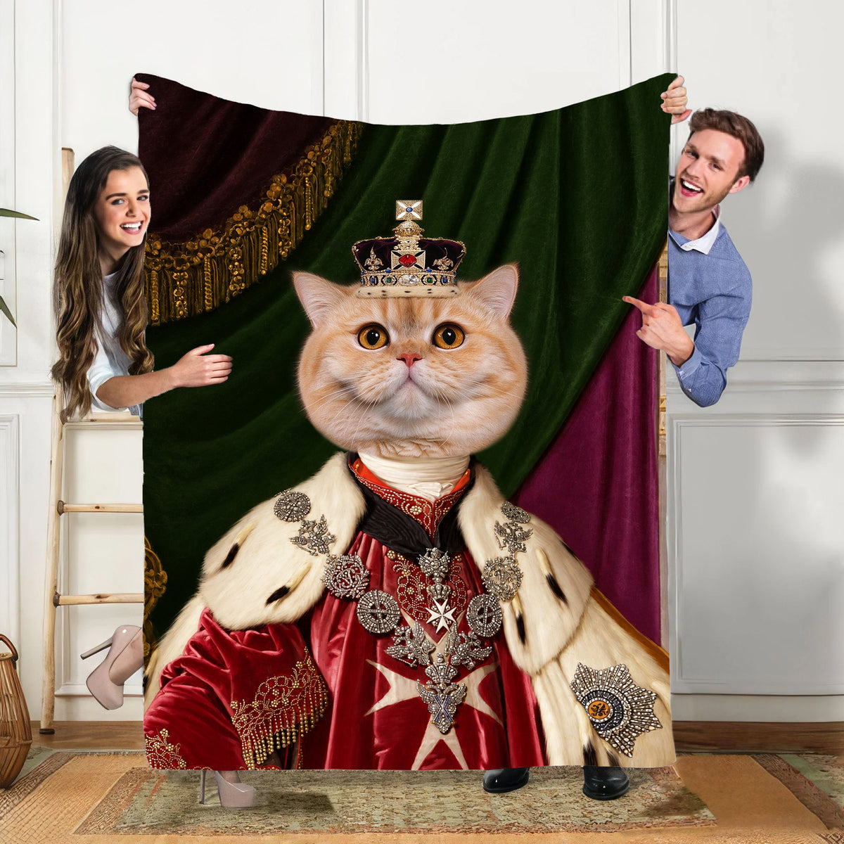 Personalized Renaissance Pet Portrait Blanket - Custom the Royal Coronation Cat Blanket