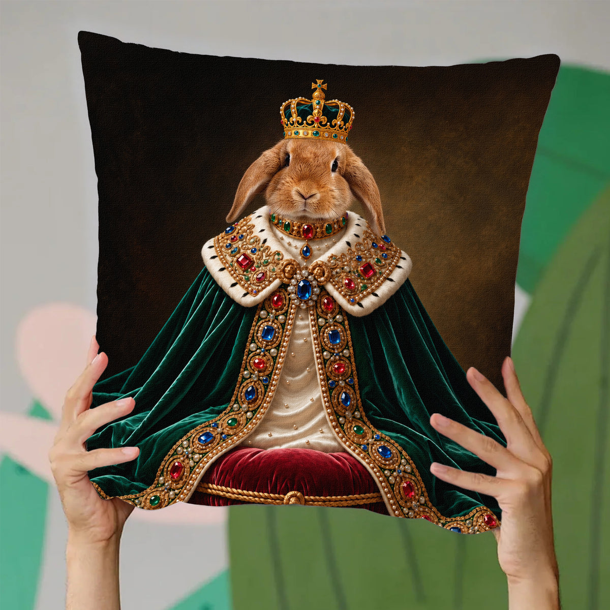 Personalized Royal Rabbit Portrait Pillow Cover-Custom Pet Photo Cushion