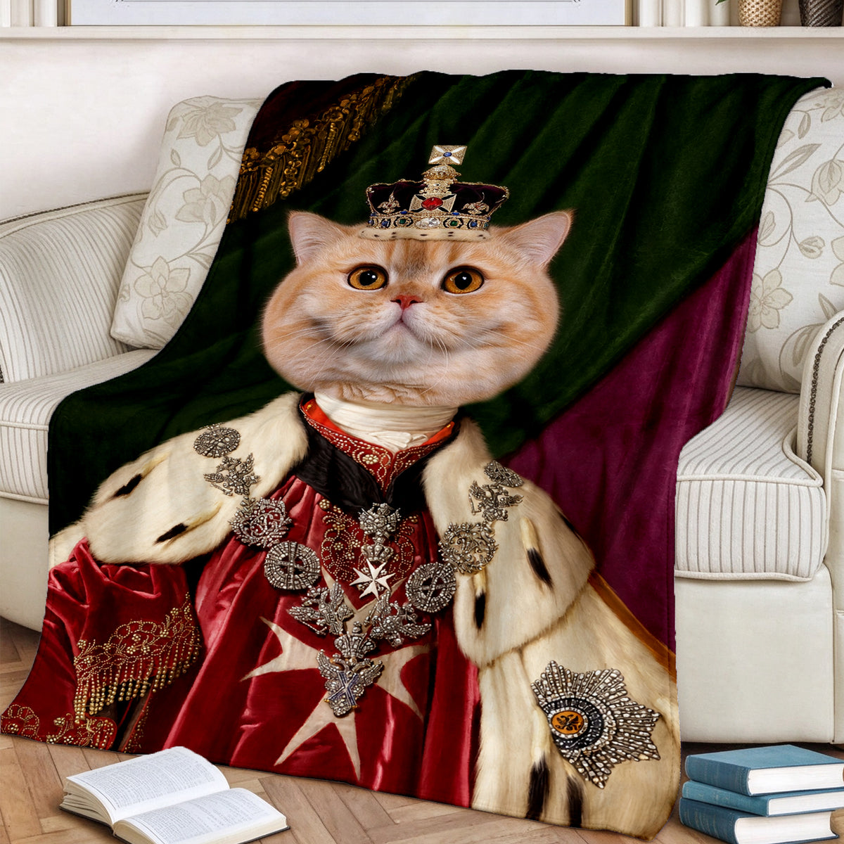 Personalized Renaissance Pet Portrait Blanket - Custom the Royal Coronation Cat Blanket