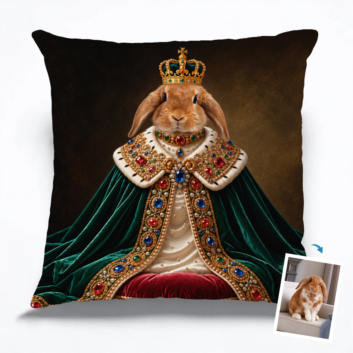 Personalized Royal Rabbit Portrait Pillow Cover-Custom Pet Photo Cushion