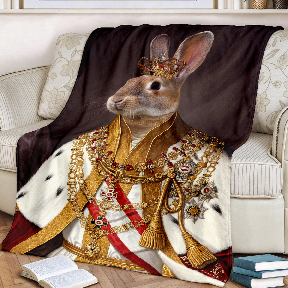 Personalized Royal Majesty Pet Portrait Throw Blanket - Custom Pet Blanket | The Emperor Rabbit