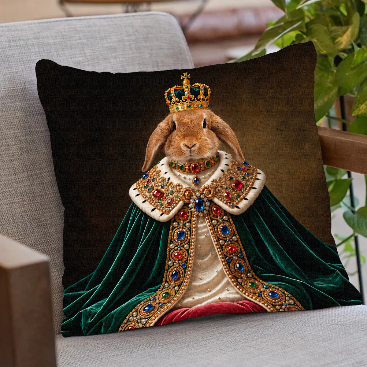 Personalized Royal Rabbit Portrait Pillow Cover-Custom Pet Photo Cushion