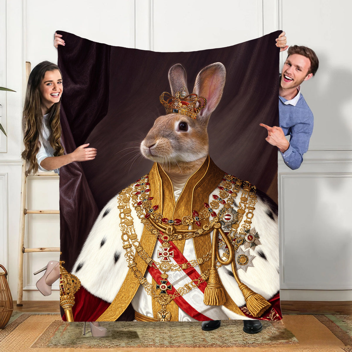Personalized Royal Majesty Pet Portrait Throw Blanket - Custom Pet Blanket | The Emperor Rabbit